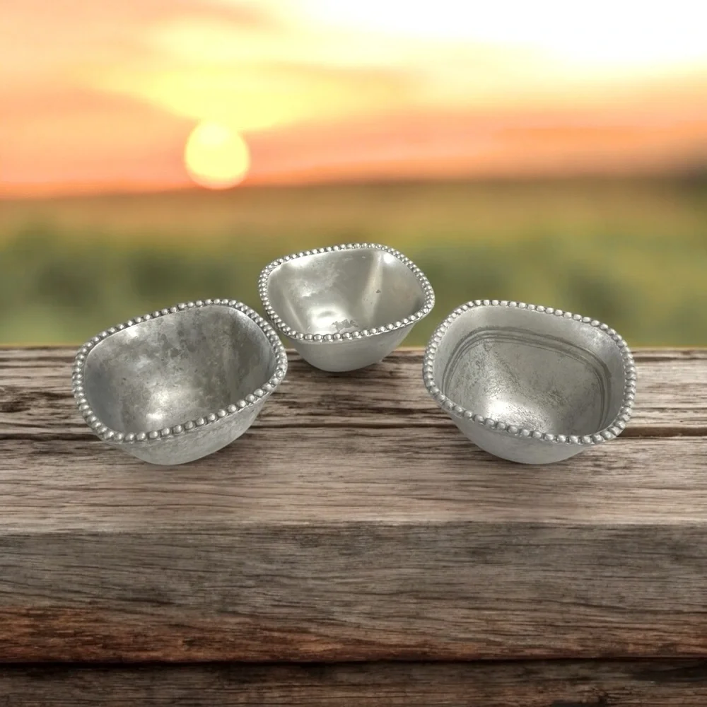 3 Vintage Beaded Silver Serving Bowls/ Planters 8” x 5” Square.